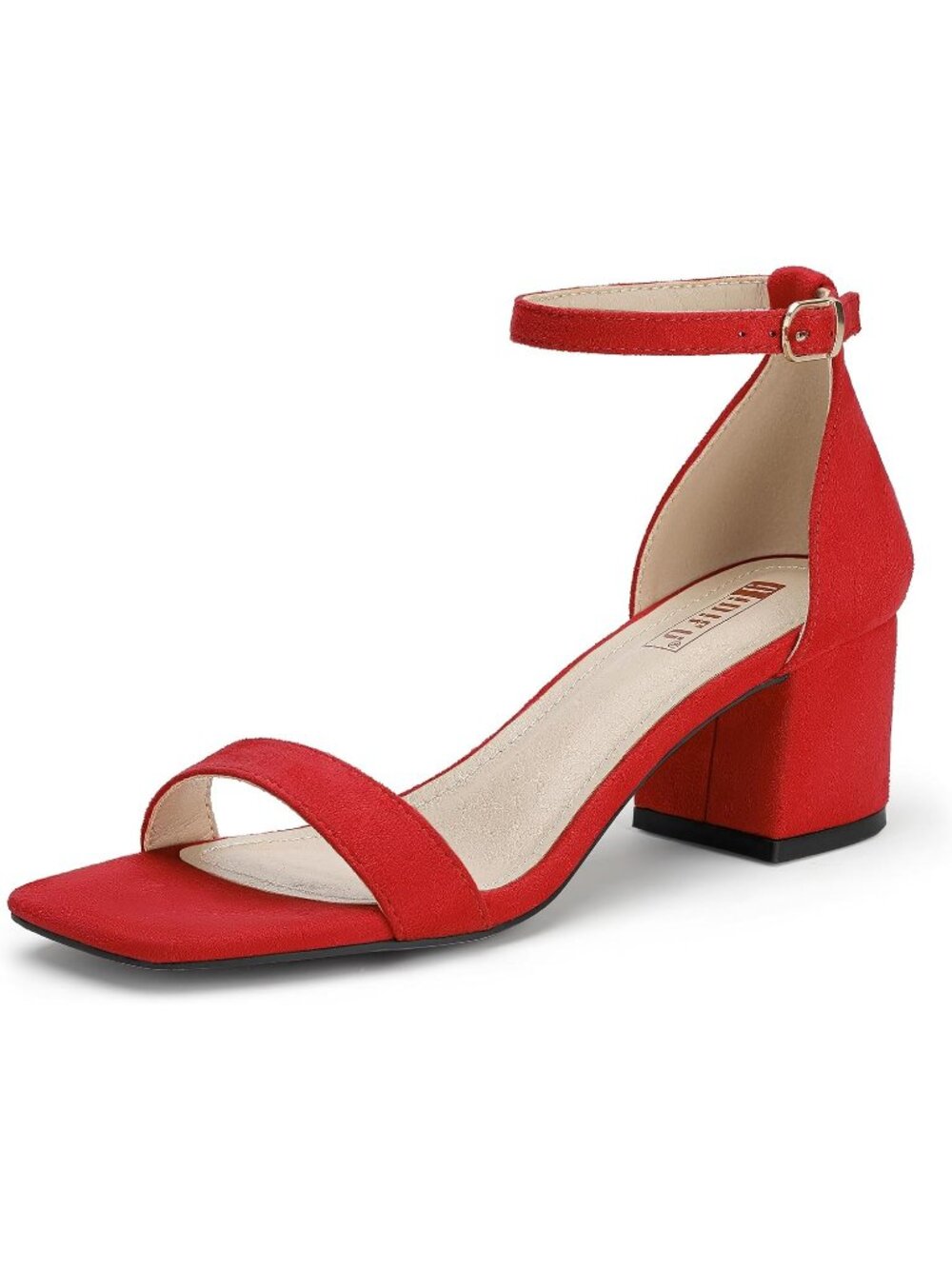 Women's Red Suede Chunky Block Low Heels Sandals Square Open Toe Ankle Strap